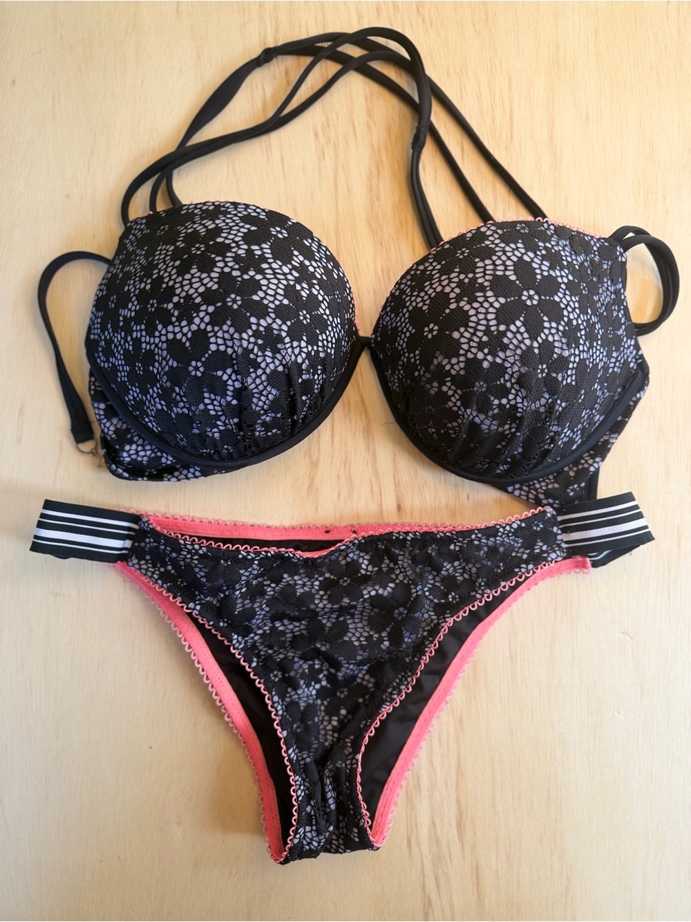 Victorias Secret Black Floral Lace Bikini Set with Pink Trim